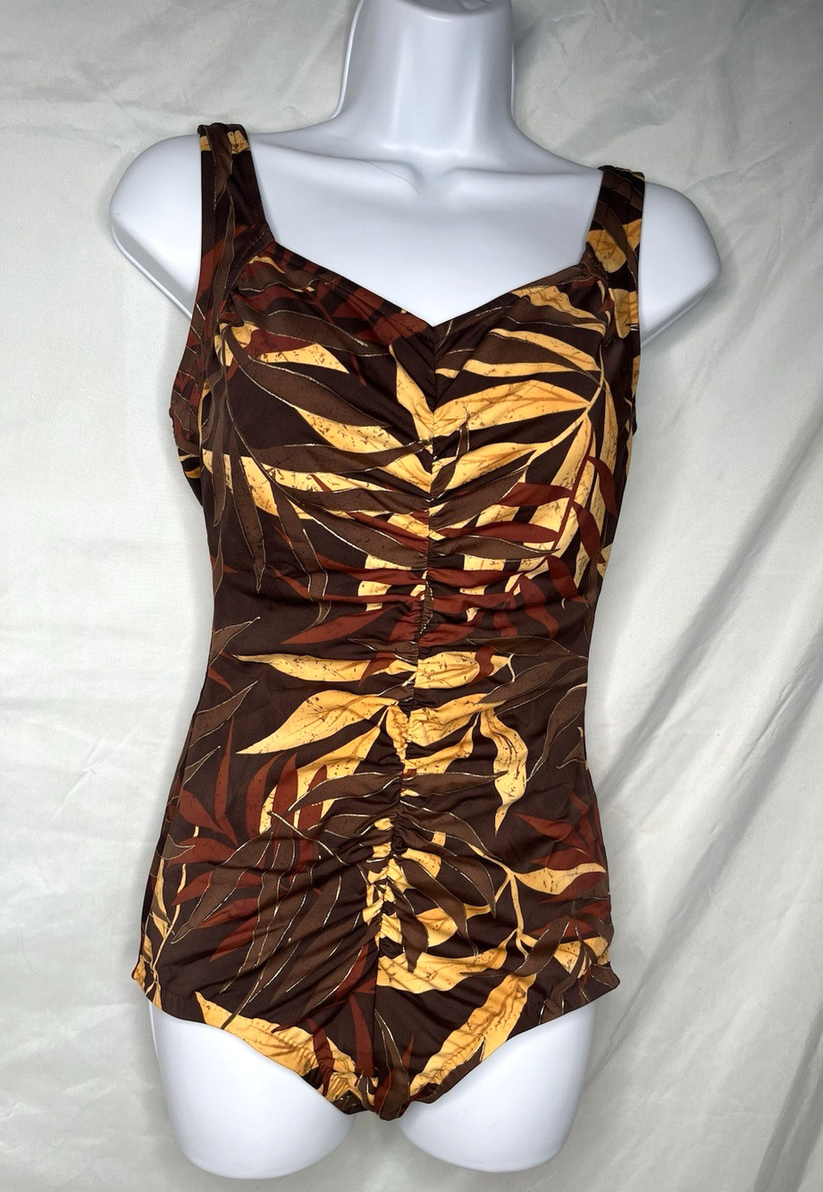 Amica Ruched Swimsuit Botanical Print Gold Metallic Accents Womens Size 14